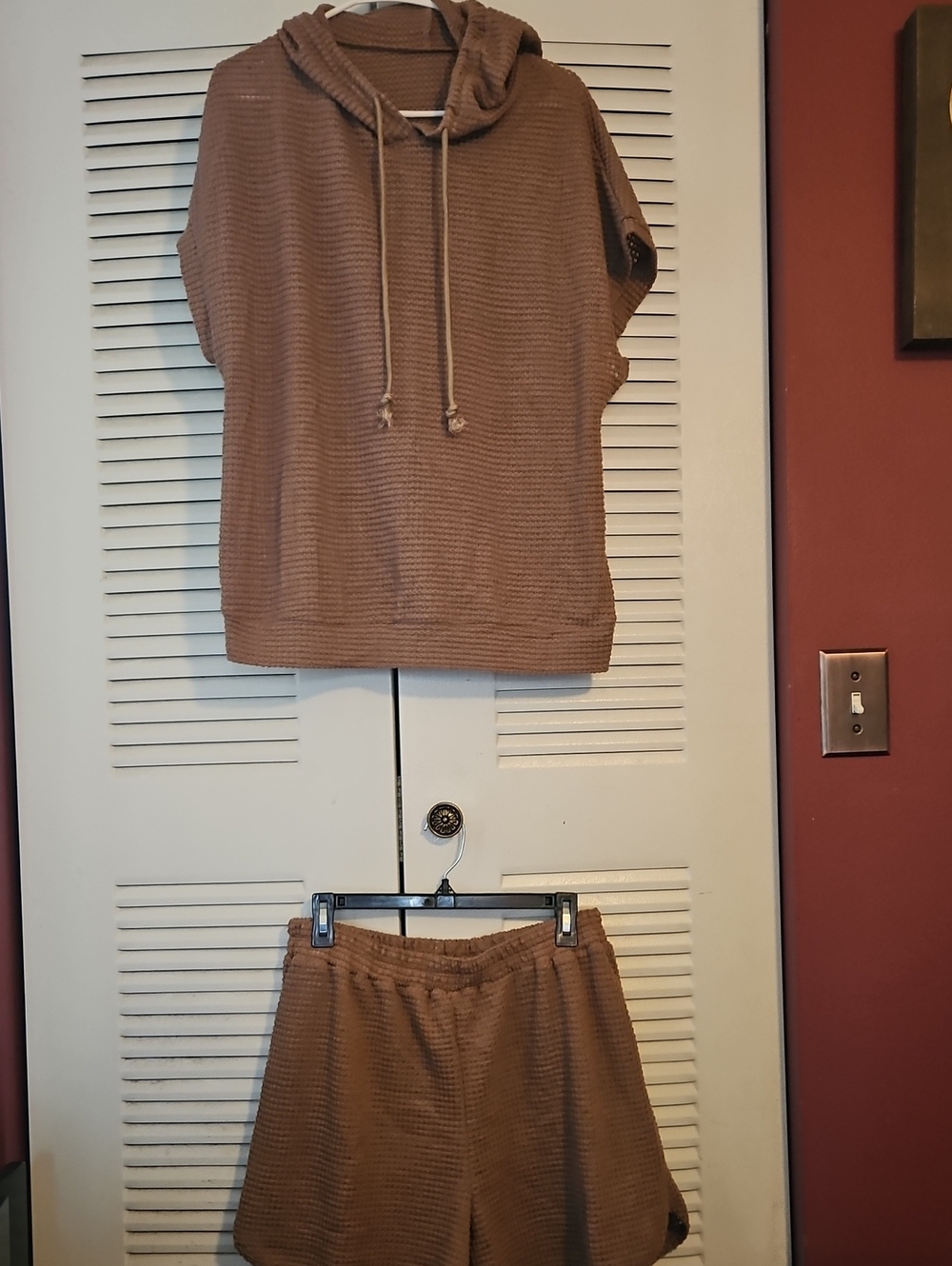 SHEIN Taupe Waffle Knit Hooded Top and Shorts Set